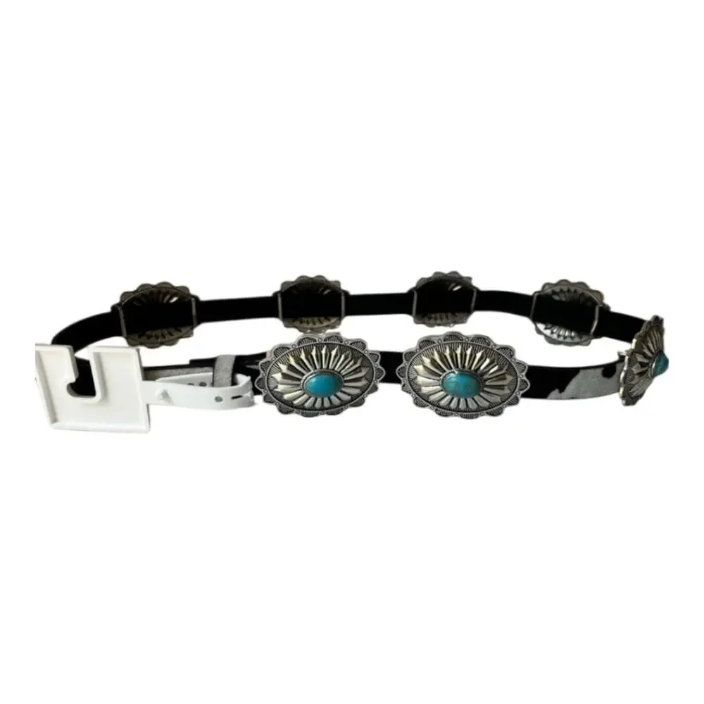 Haute Hippie Cow Print Silver and Turquoise Chain Concho Belt New
